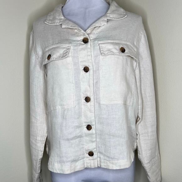 Nicole Miller 100% Linen Shacket Medium Jacket Cream Woven Coastal Chic Relaxed - Picture 1 of 7